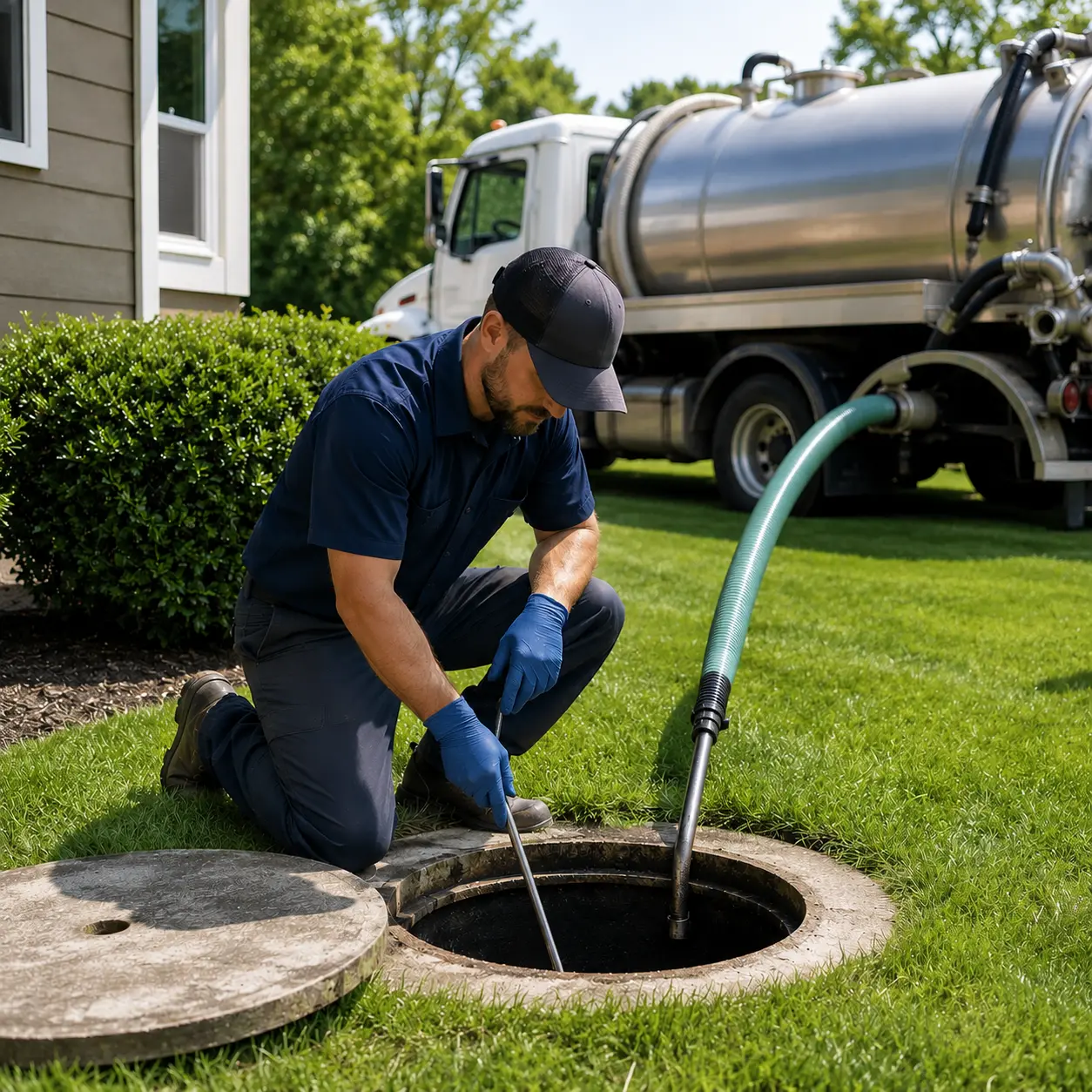 Septic tank pumping truck emptying a residential septic tank in Cornwall, Ontario