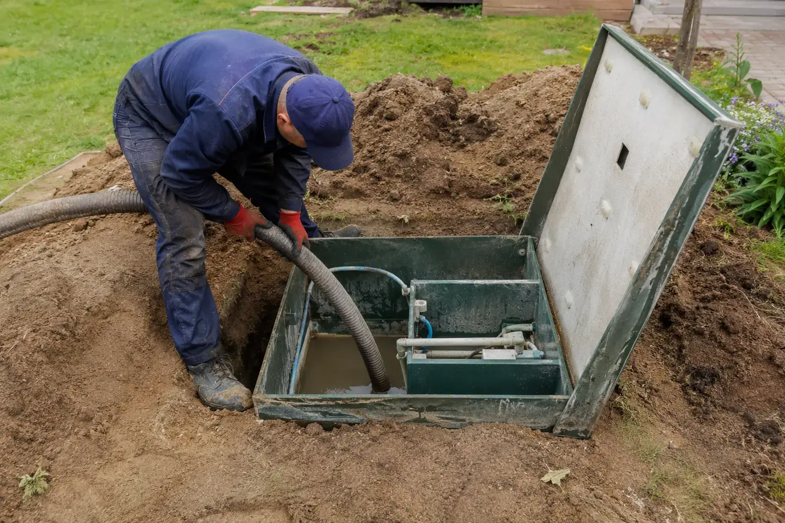 Septic repair technician fixing a failed septic tank and pump in Cornwall, Ontario
