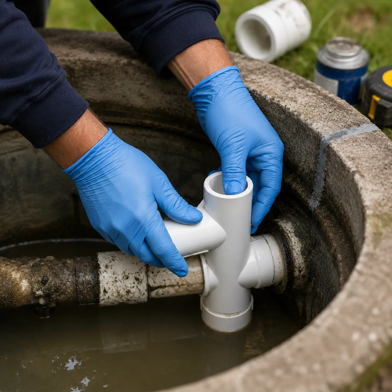 Septic repair technician replacing a failed effluent pump near Cornwall, Ontario