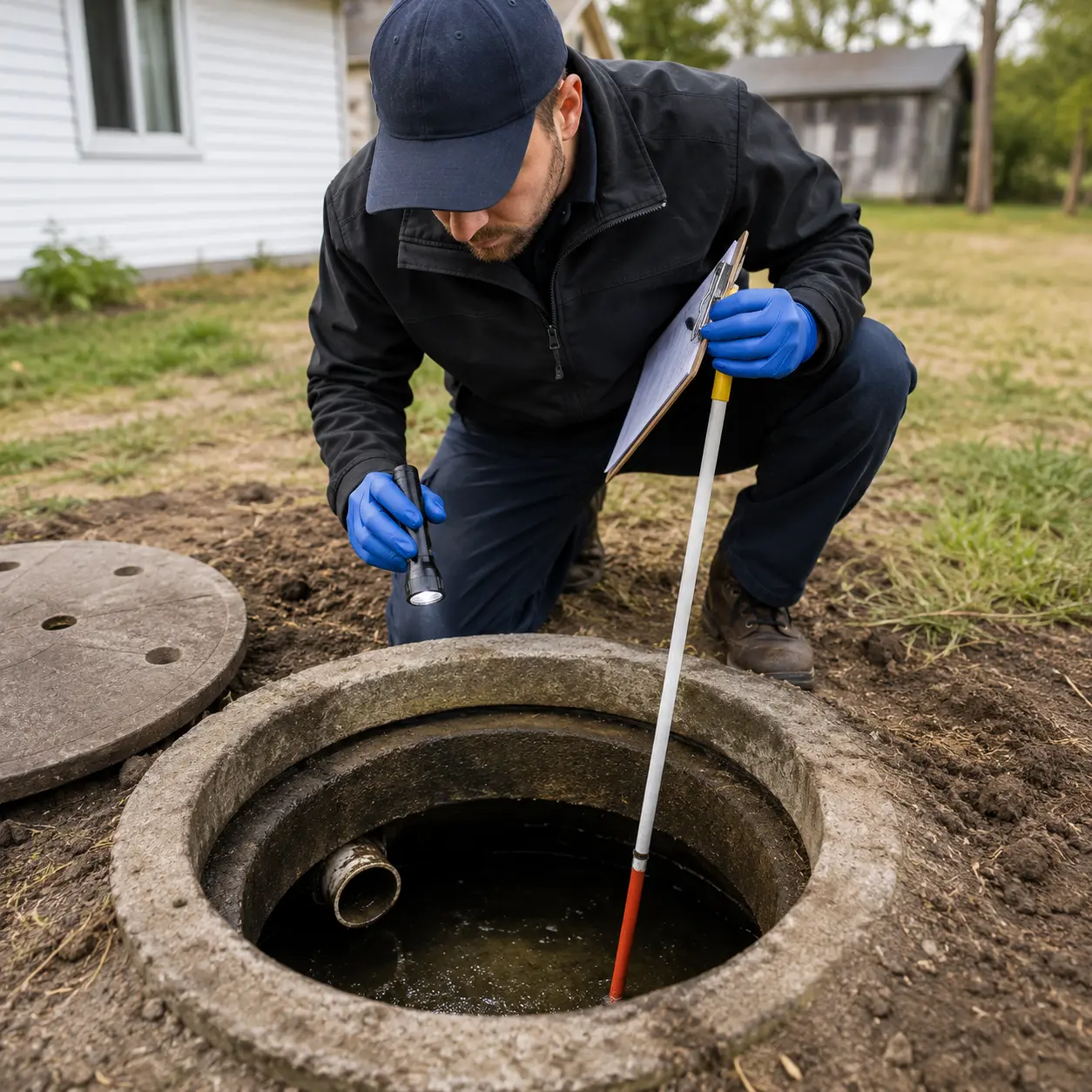 Technician inspecting a cracked septic tank to decide between repair and replacement in SD&G