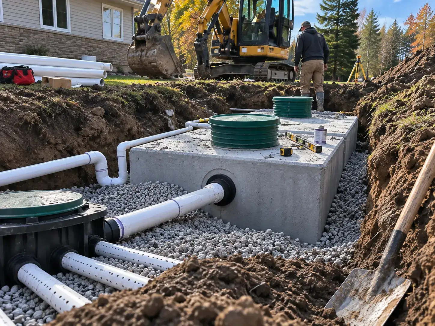 Technician reviewing soil test results and septic system design on a rural property in SD&G